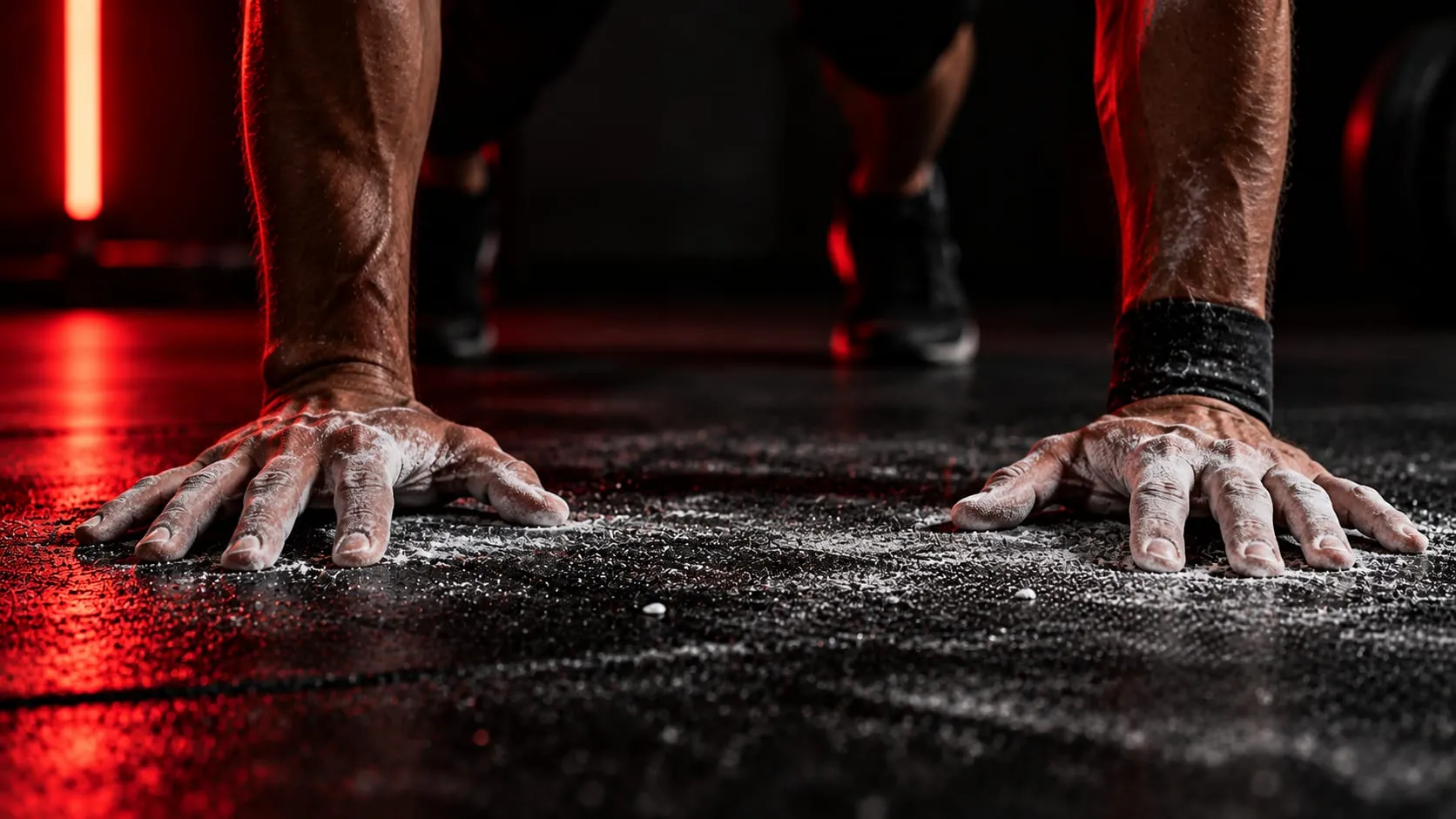 Chalked hands on the gym floor