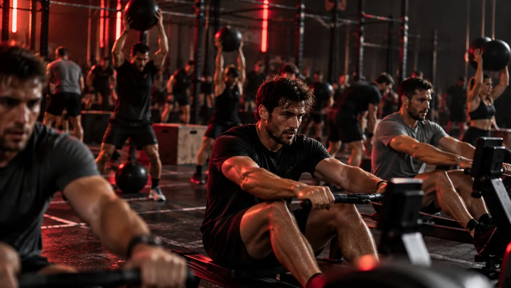 Athletes rowing and throwing medicine balls in a training hall lit in red