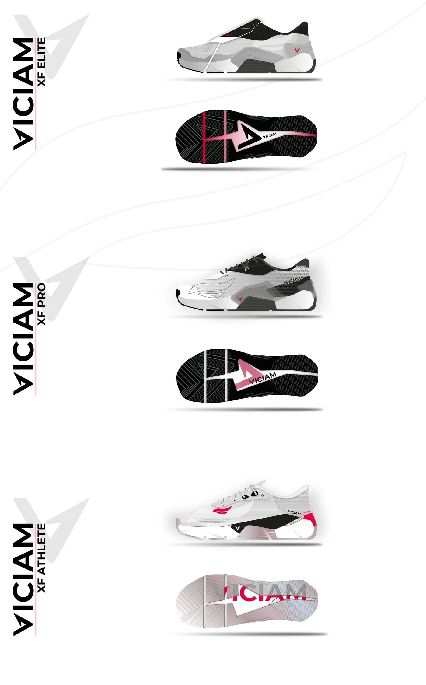 The full VICIAM XF range: XF Elite, XF Pro and XF Athlete, each in side view and outsole